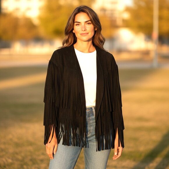 Wrangler Jackets & Blazers - Wrangler Black Fringe Open Front Jacket Size M Western Country Dance Concert